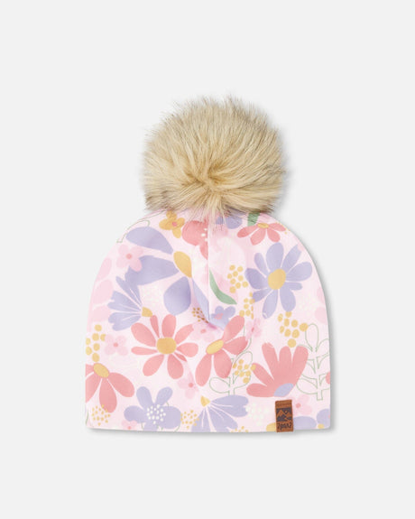 Stretch Jersey Hat Pink Flower Print With Pompom-0