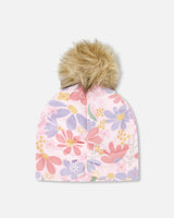 Stretch Jersey Hat Pink Flower Print With Pompom-2
