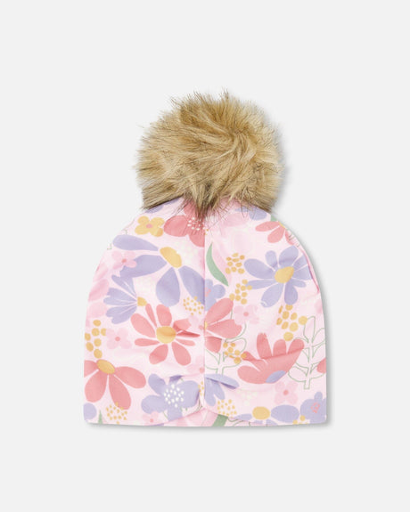 Stretch Jersey Hat Pink Flower Print With Pompom-2
