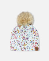 Stretch Jersey Hat Blue Mini Flower Print With Pompom-0