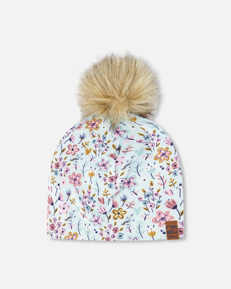 Stretch Jersey Hat Blue Mini Flower Print With Pompom-0