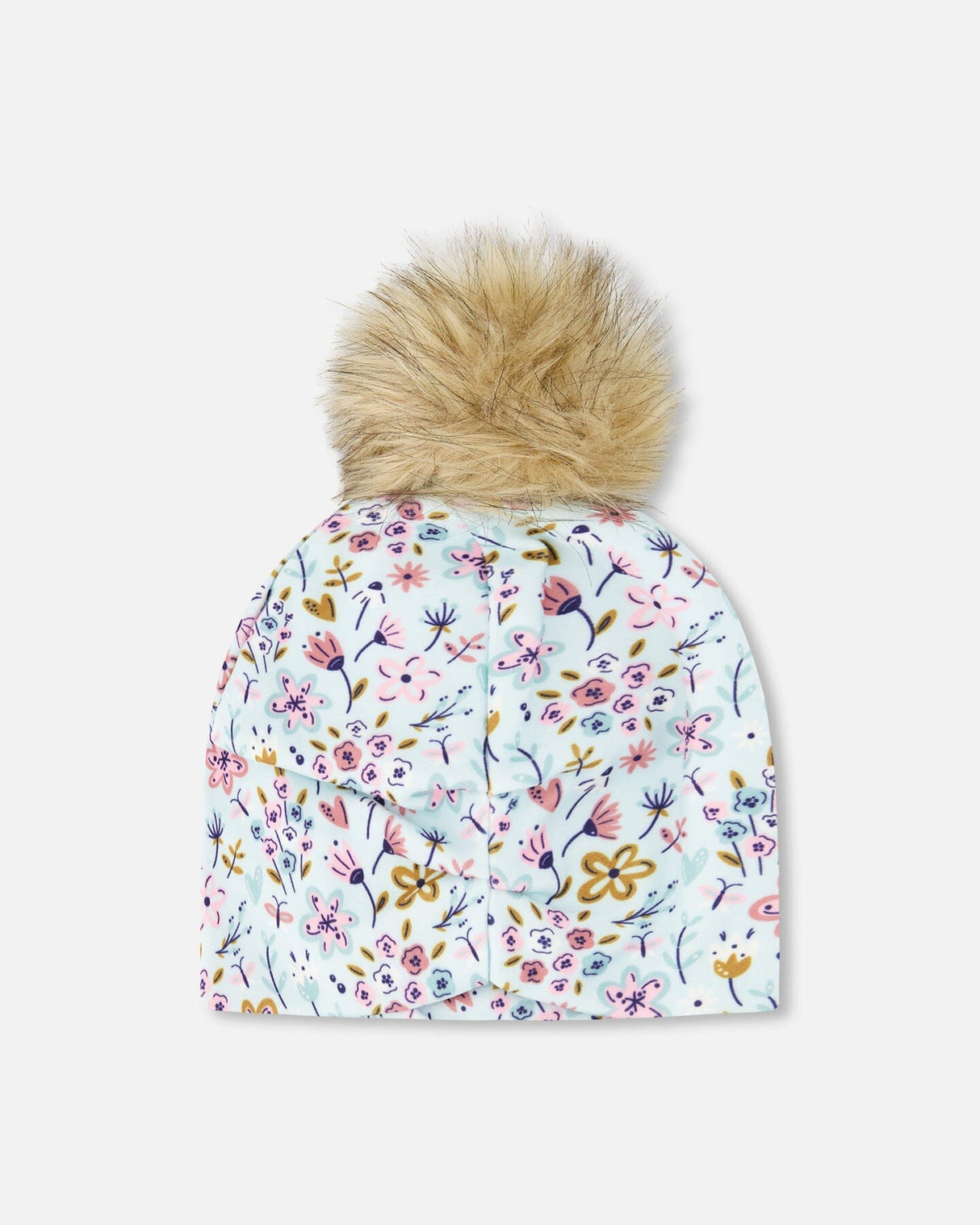 Stretch Jersey Hat Blue Mini Flower Print With Pompom-3