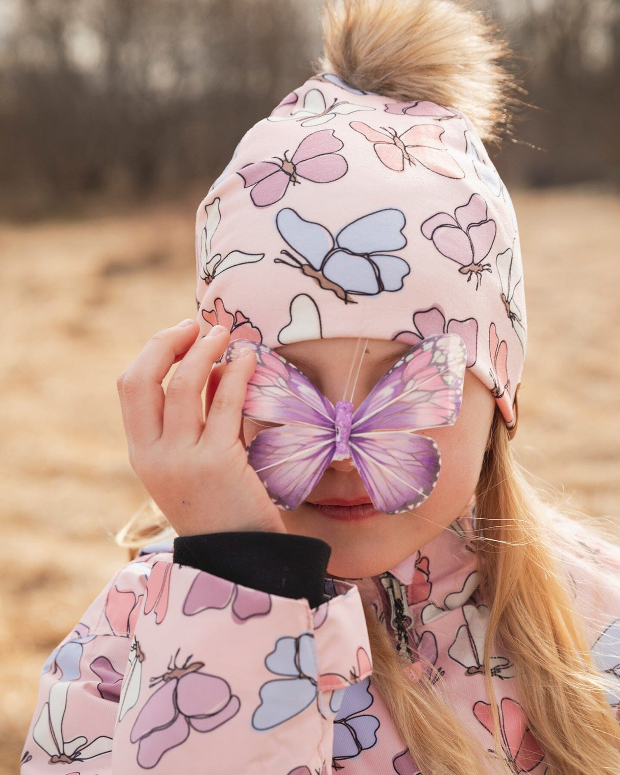 Stretch Jersey Hat Pink Printed Butterflies With Pompom-1