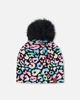 Stretch Jersey Hat Black Animal Print With Pompom-0