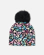 Stretch Jersey Hat Black Animal Print With Pompom-0