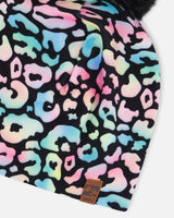 Stretch Jersey Hat Black Animal Print With Pompom-3