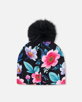 Stretch Jersey Hat Black Printed Flowers With Pompom-2