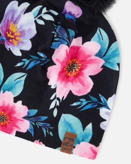 Stretch Jersey Hat Black Printed Flowers With Pompom-3