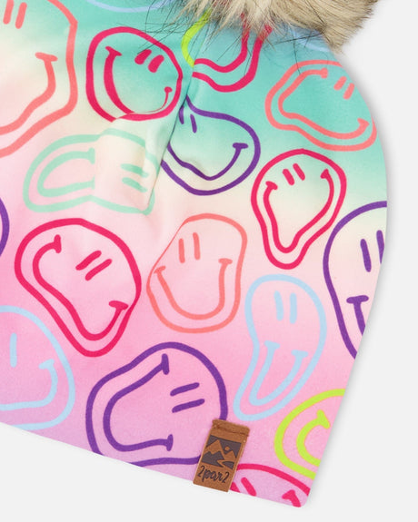 Stretch Jersey Hat Multicolored Printed Smileys With Pompom-4