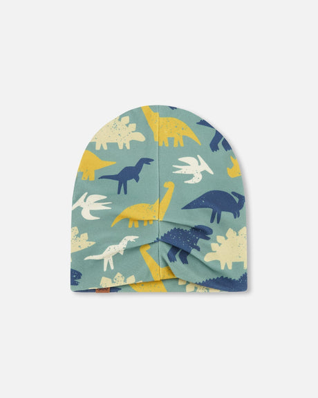 Stretch Jersey Beanie Green Dinosaur Print-3