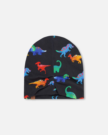 Stretch Jersey Beanie Black Dinosaur Print-3