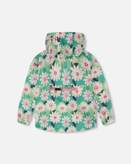 Packable Windbreaker In Polyester Green Smiling Flower Print-3