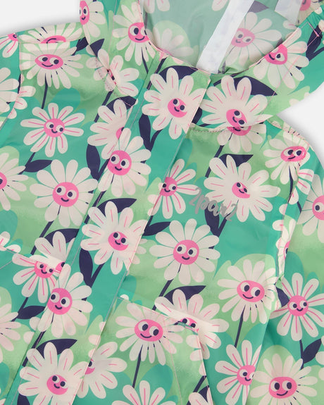 Packable Windbreaker In Polyester Green Smiling Flower Print-4