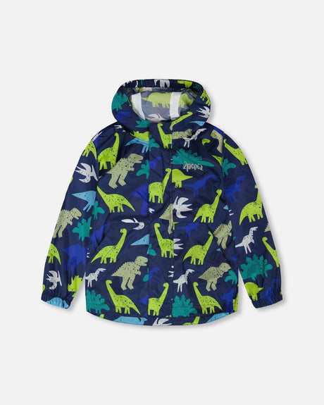 Packable Windbreaker In Polyester Blue Dinosaur Print-0