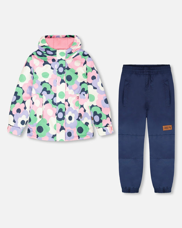 Two-Piece Mid-Season Outerwear Set Black Printed Flowers-0