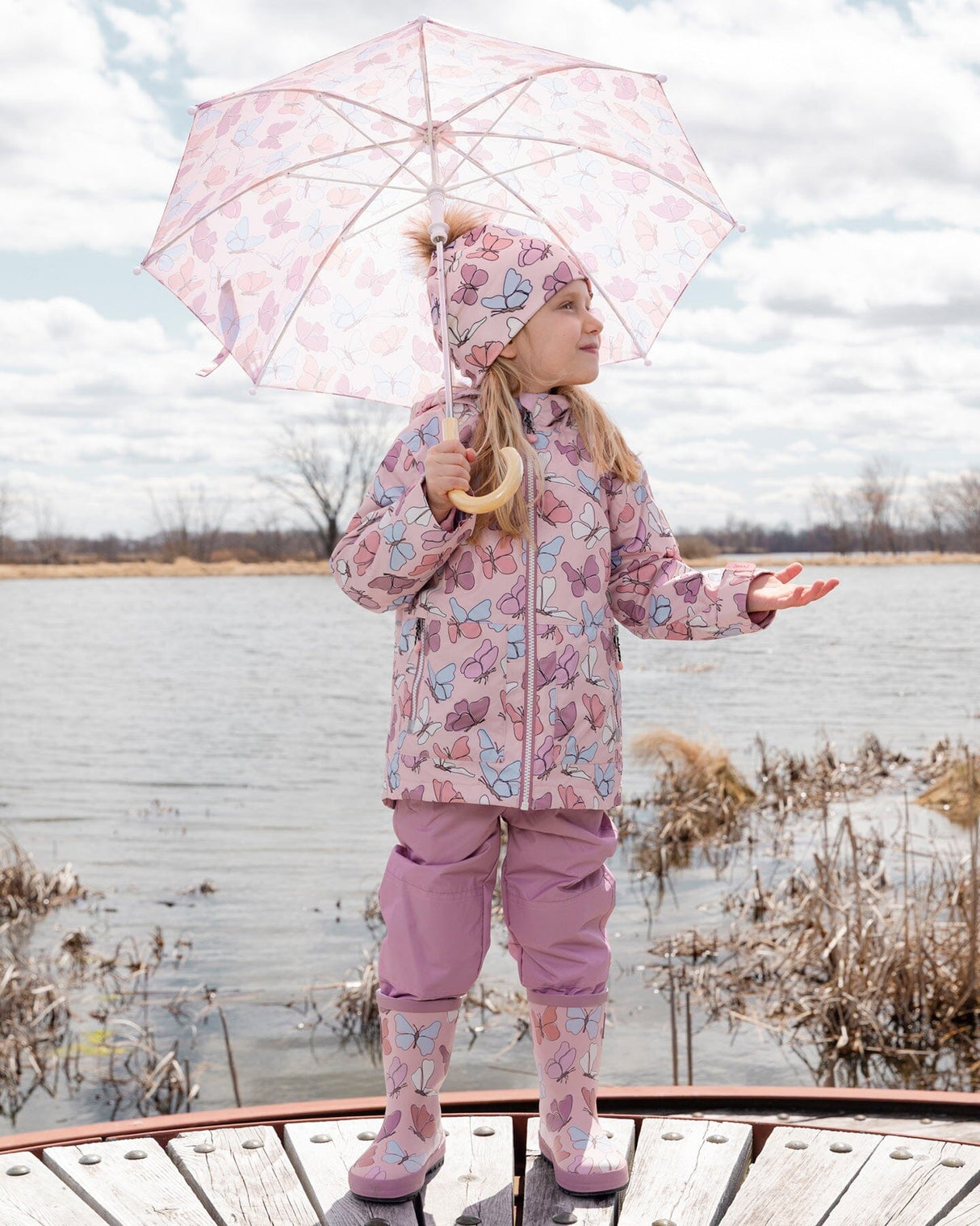 3-In-1 Two-Piece Mid-Season Outerwear Set Pink With Printed Butterflies-1