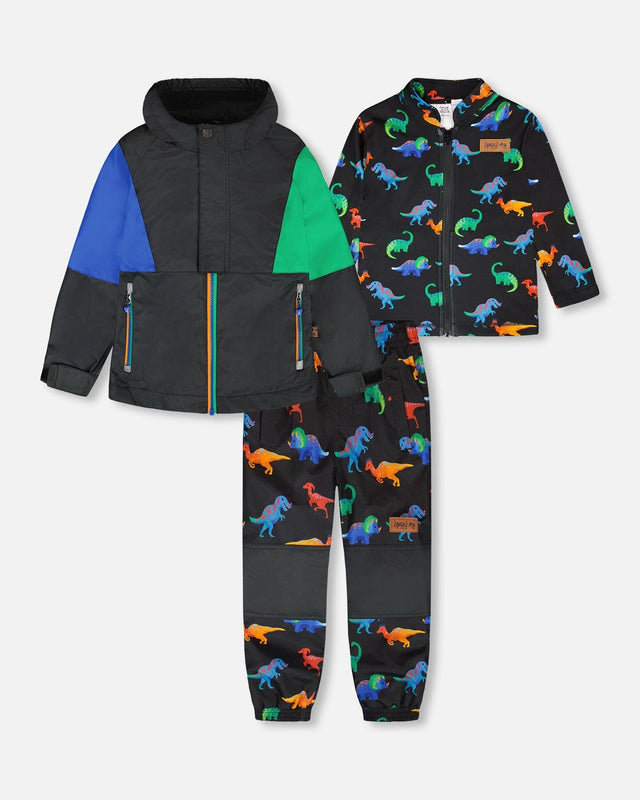 3-In-1 Two-Piece Mid-Season Outerwear Set Black Dinosaur Print-0