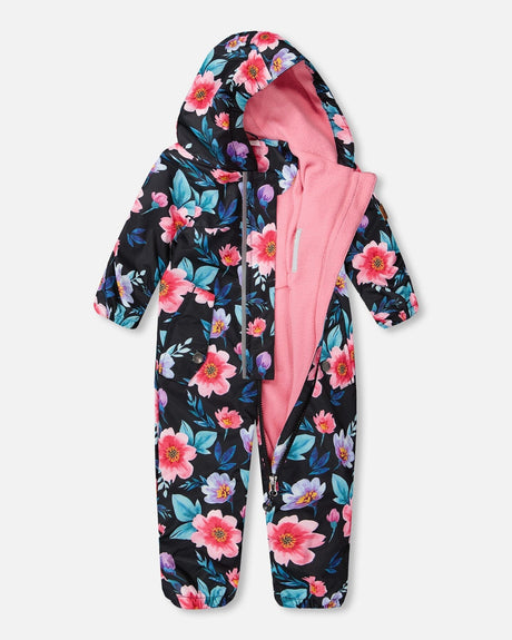 Baby Mid-Season One-Piece Outerwear With Hat Black Printed Flowers-3