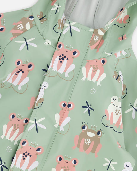 Deux par Deux Green rain jumpsuit with color-changing frogs print