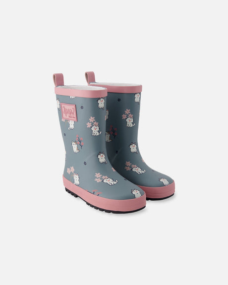 Rain Boots In Natural Rubber Green Cat Print-0