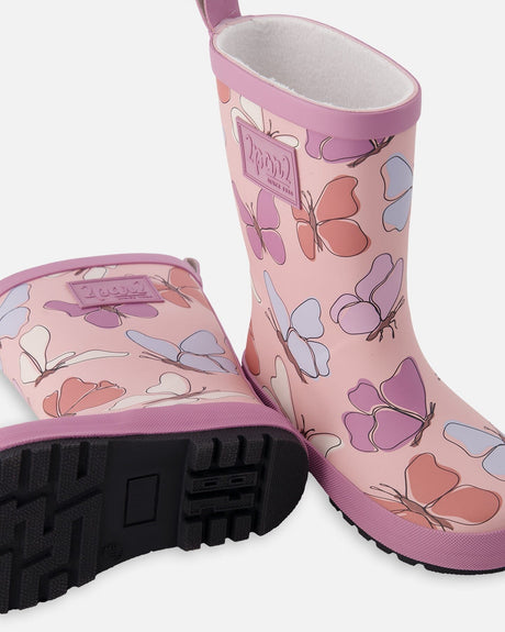Rain Boots In Natural Rubber Pink Butterfly Print-2