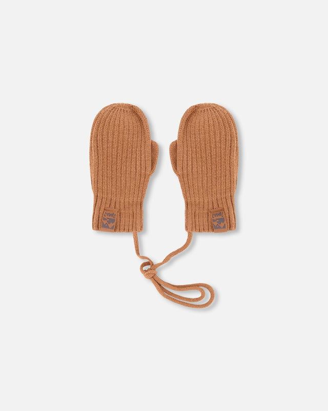 Baby Knit Mittens With Cord Brown-0