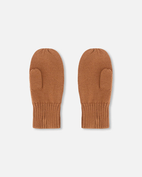 Ribbed Knit Mittens Brown-2