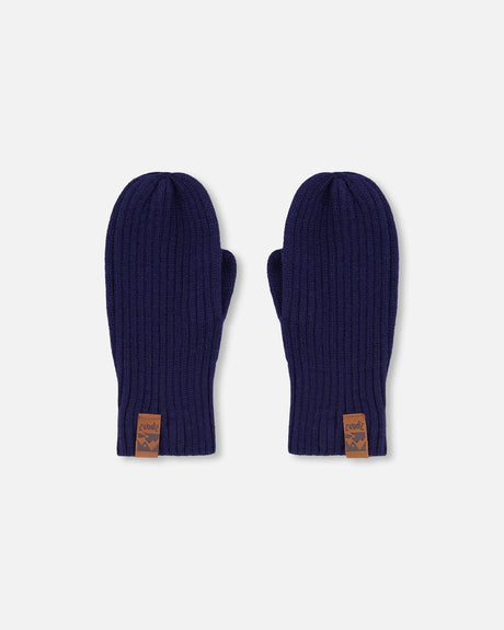 Ribbed Knit Mittens Navy Blue-0