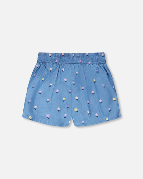 Chambray Shorts Blue Flower Print-2
