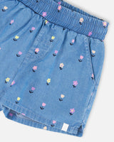 Chambray Shorts Blue Flower Print-3