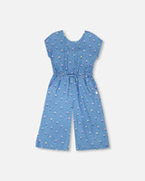 Chambray Jumpsuit Blue Flower Print-2