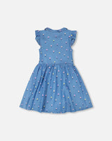 Sleeveless Button Down Dress Blue Flower Print-2