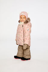 Deux par Deux baby two-piece snowsuit in Pink Animal Print shown from an alternate modeled winter angle