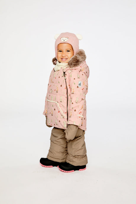 Deux par Deux baby two-piece snowsuit in Pink Animal Print shown from an alternate modeled winter angle