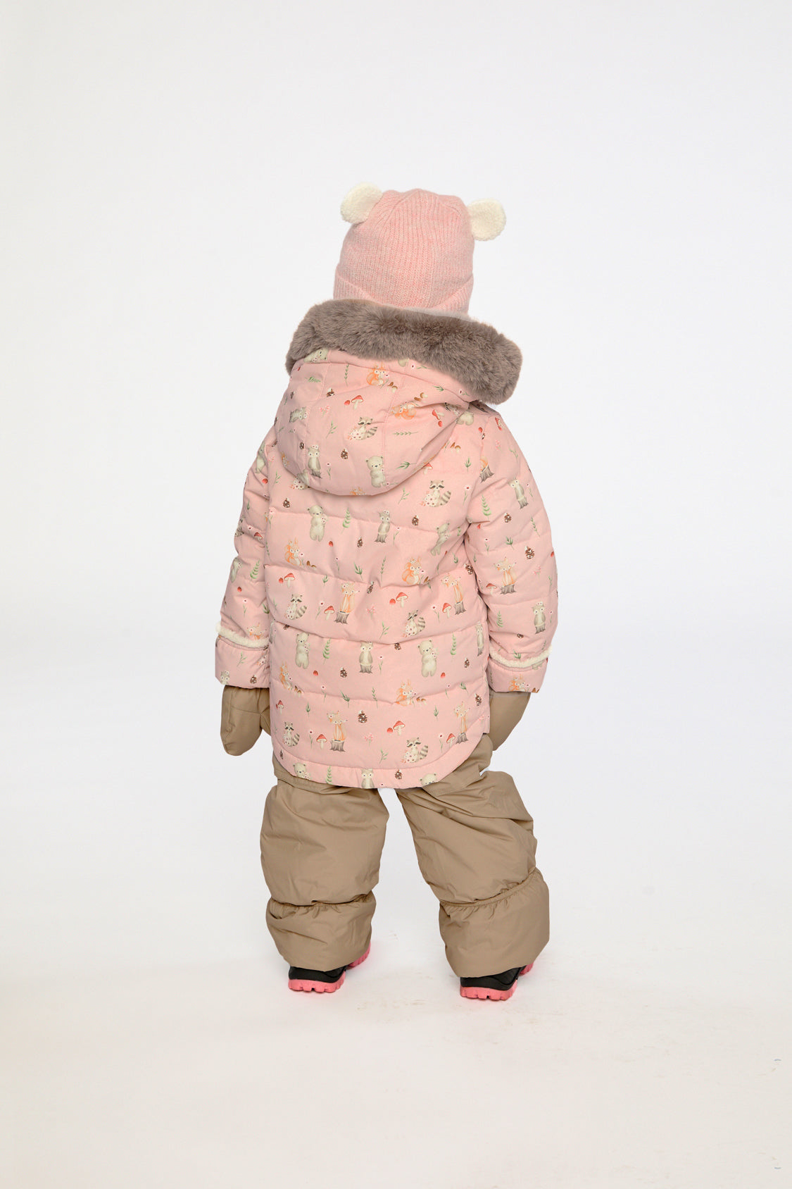 Alternate winter lookbook view of the Deux par Deux baby two-piece snowsuit in Pink Animal Print