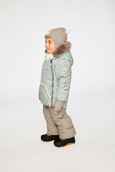 Deux par Deux baby two-piece snowsuit in Blue Animal Print shown from an alternate modeled winter angle