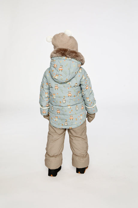 Alternate winter lookbook view of the Deux par Deux baby two-piece snowsuit in Blue Animal Print