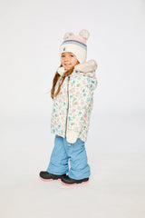 Deux par Deux baby two-piece snowsuit in White with Floral Print shown from an alternate modeled winter angle