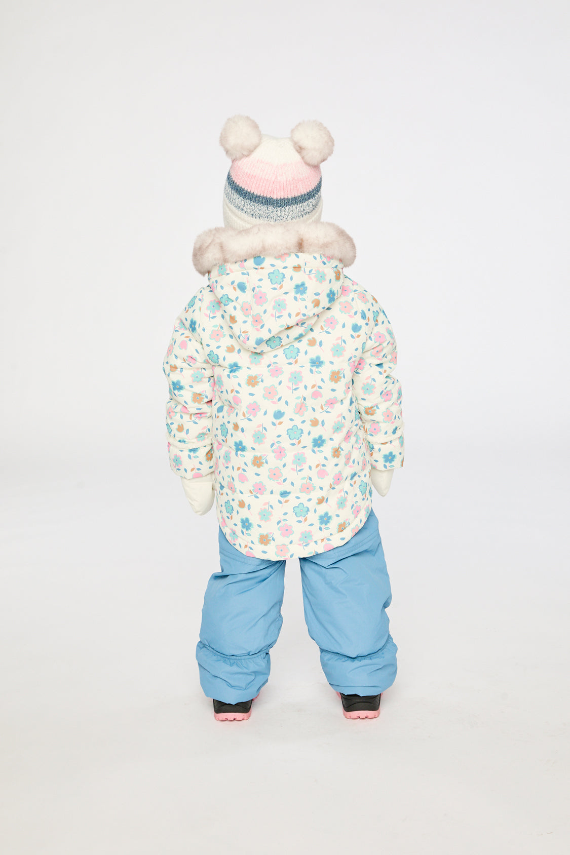 Alternate winter lookbook view of the Deux par Deux baby two-piece snowsuit in White with Floral Print