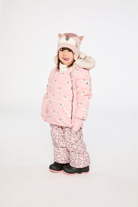 Rose leopard Deux par Deux baby winter snowsuit with sherpa neckwarmer