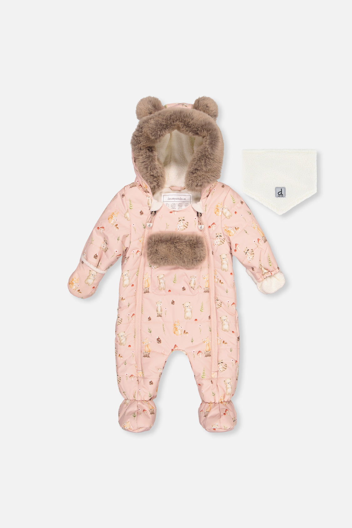Deux par Deux baby car-seat one-piece snowsuit in Pink Animal Print — main product view