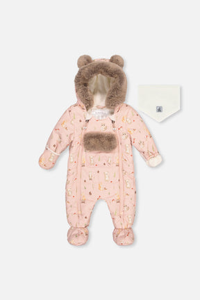 Deux par Deux baby car-seat one-piece snowsuit in Pink Animal Print — main product view