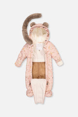 Deux par Deux baby car-seat one-piece snowsuit in Pink Animal Print — construction and winter design detail