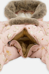 Deux par Deux baby car-seat one-piece snowsuit in Pink Animal Print — close-up product detail