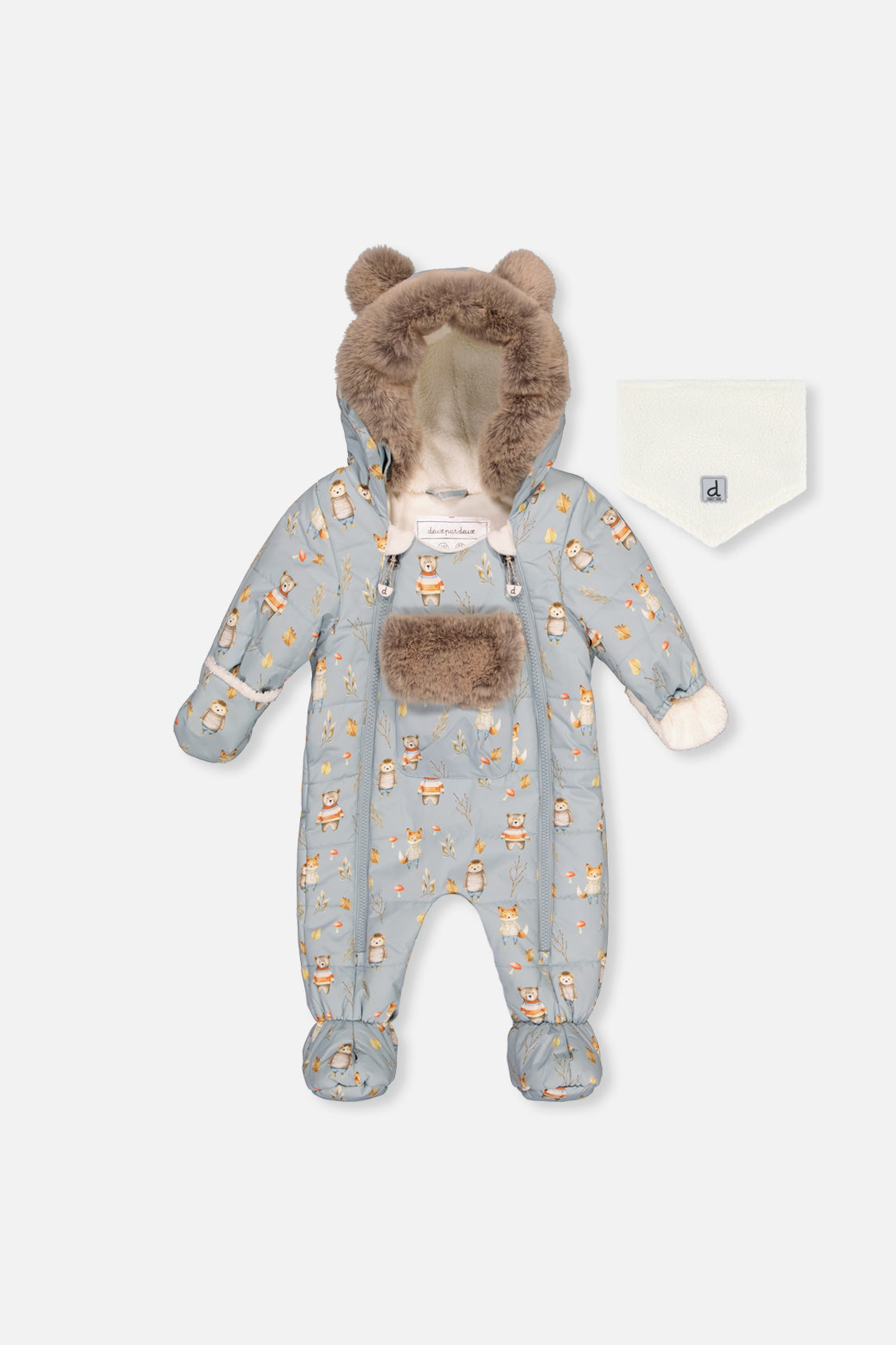 Deux par Deux baby car-seat snowsuit in blue animal print, one-piece winter product view