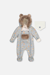 Deux par Deux baby car-seat snowsuit in blue animal print, one-piece winter product view