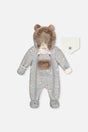 Deux par Deux baby car-seat snowsuit in blue animal print, one-piece winter product view