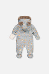 Deux par Deux blue animal-print baby snowsuit adapted for car seats shown in an alternate product view