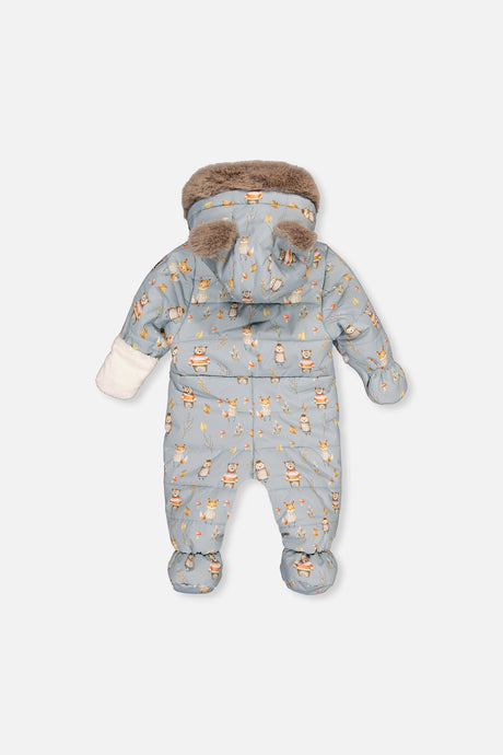 Deux par Deux blue animal-print baby snowsuit adapted for car seats shown in an alternate product view