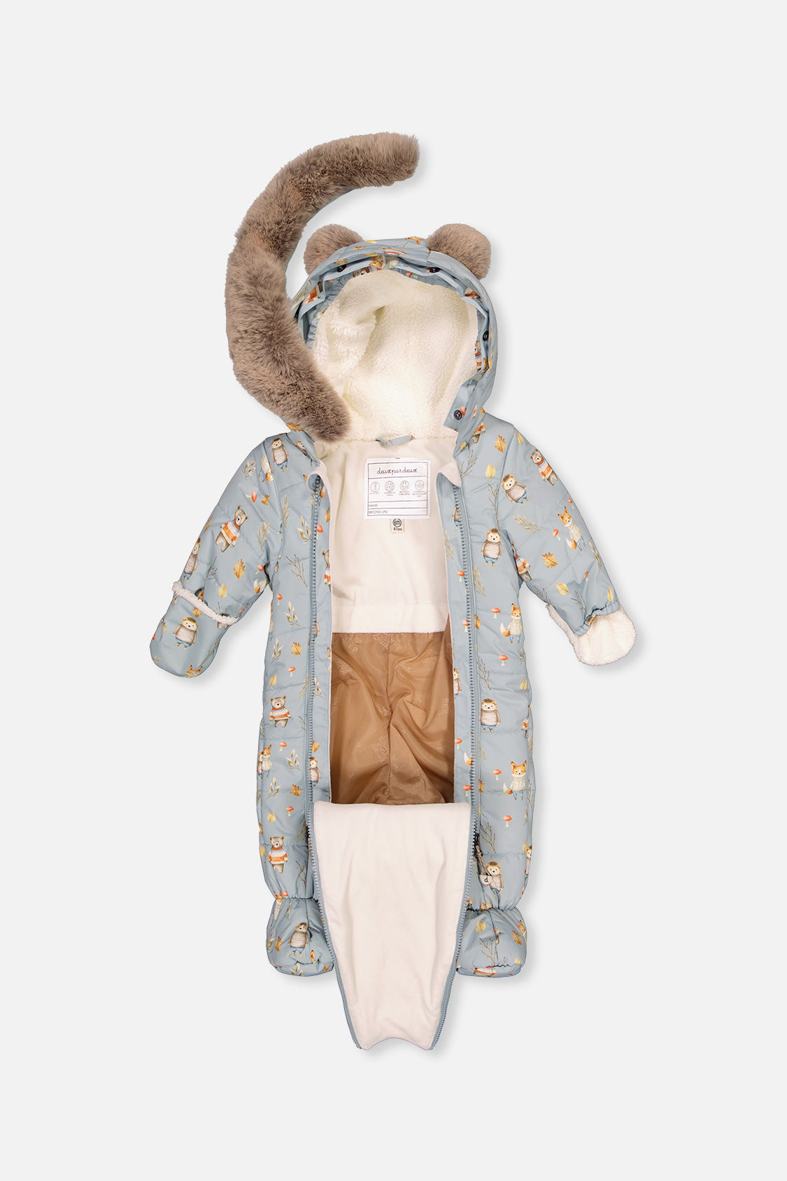 Blue animal-print baby one-piece snowsuit by Deux par Deux shown in a winter product detail view